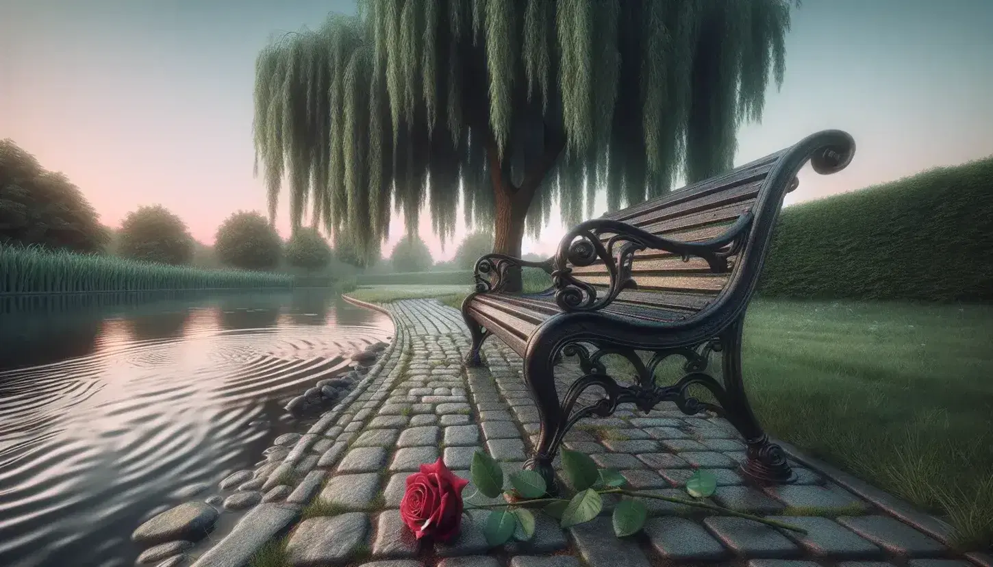 Solitary weathered wooden bench with iron armrests on a cobblestone path by a tranquil pond, under a weeping willow at dawn or dusk, with a single red rose beside it.