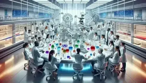 Multi-ethnic group of scientists in white coats discuss around a table with microscopes and test tubes in a modern, bright laboratory.