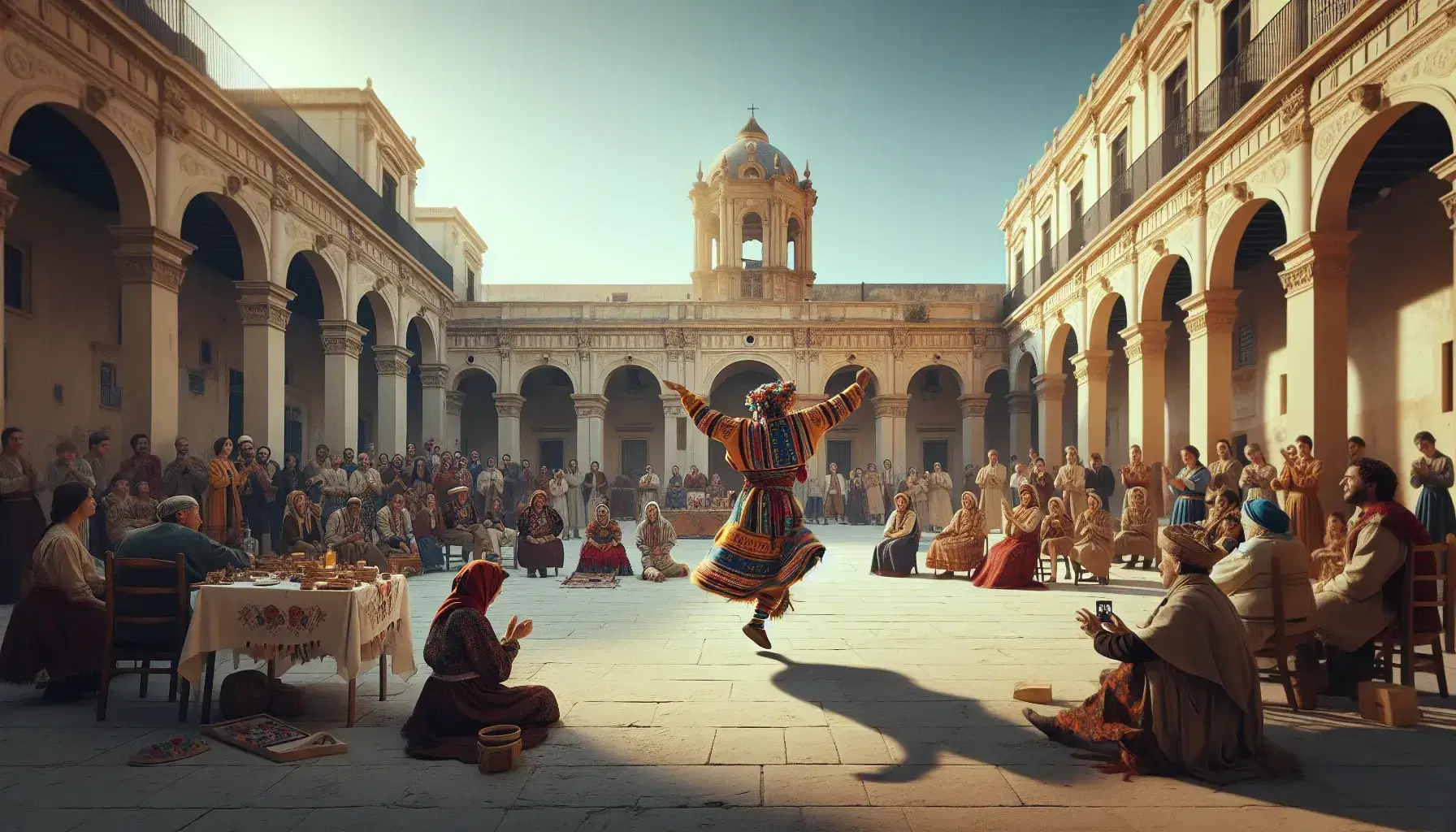 Bailarín en traje tradicional realiza danza folclórica ante espectadores en plaza histórica, con cielo azul y arquitectura antigua de fondo.