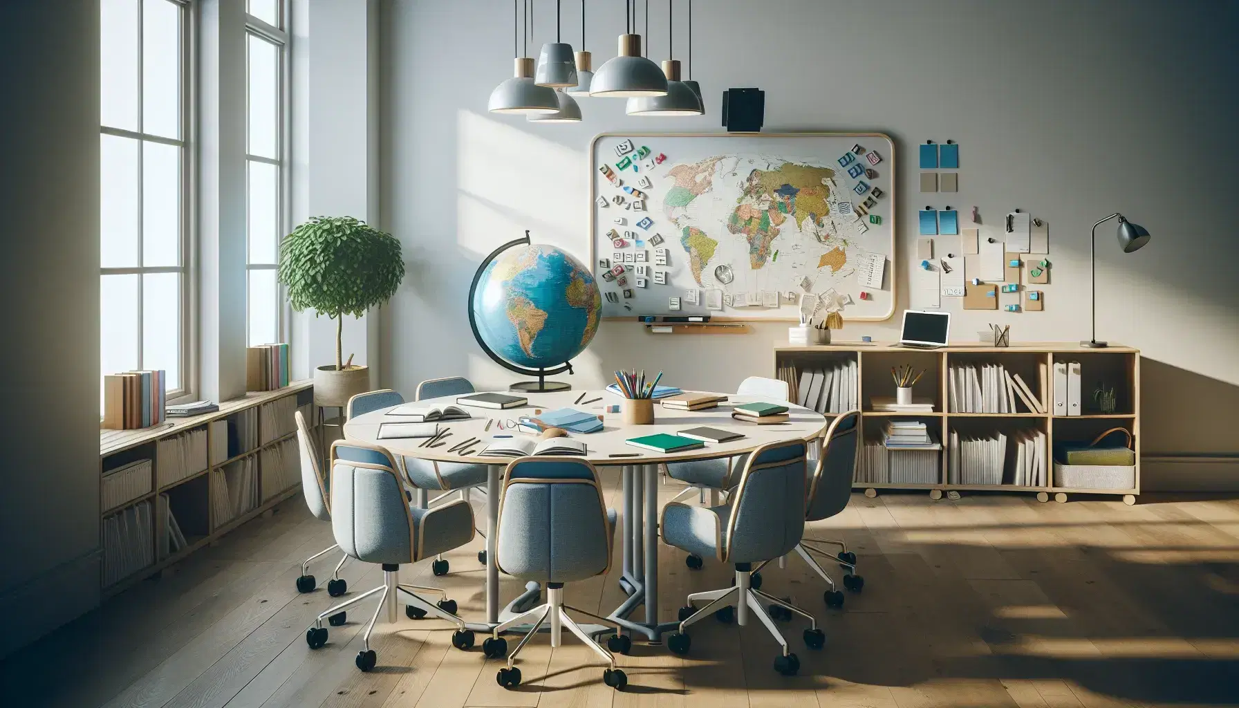 Aula moderna e luminosa con tavolo ovale, sedie ergonomiche blu, materiale didattico, mappamondo, pianta verde, lavagna magnetica e angolo lettura.