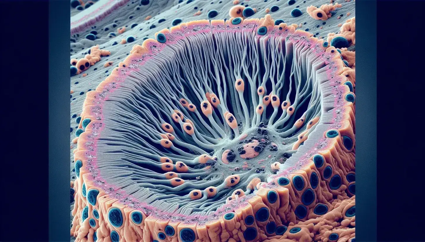 Sezione trasversale di un nervo periferico umano al microscopio elettronico, con axoni circondati da tessuto connettivo endoneurale e guaina mielinica.