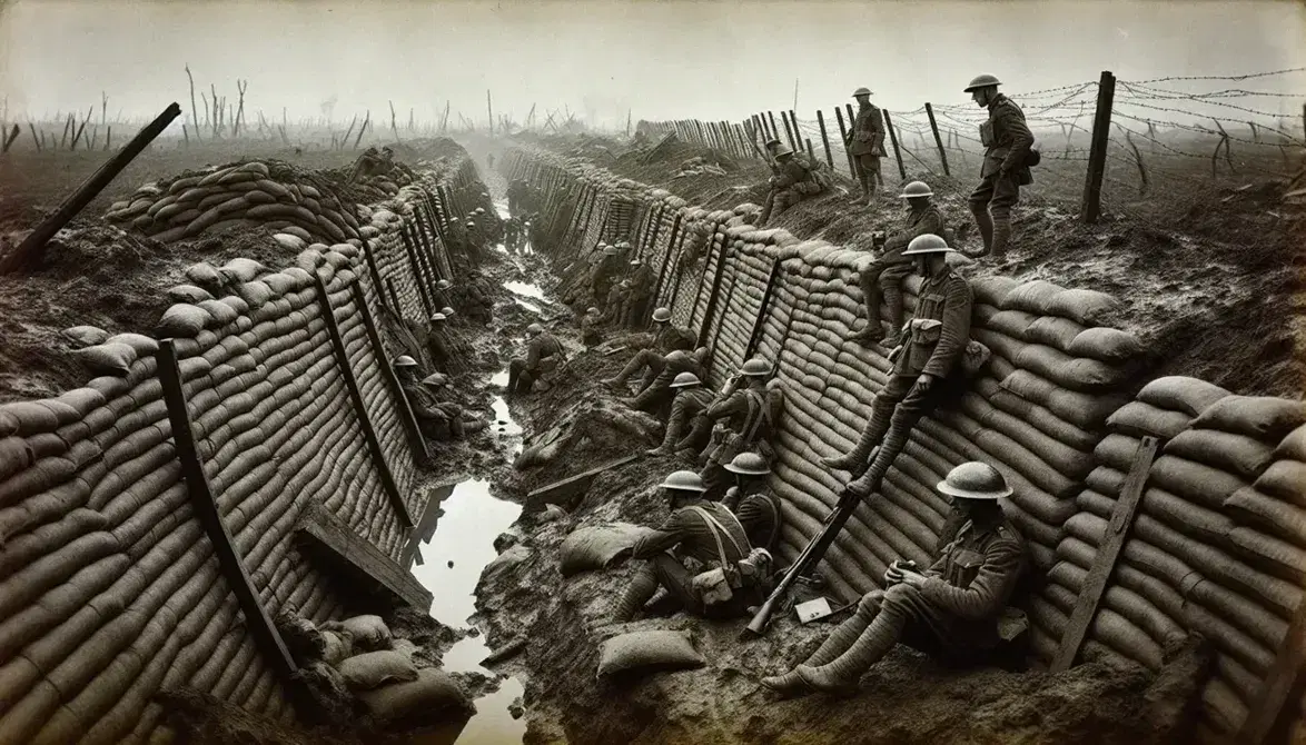 Trincea della Prima Guerra Mondiale con soldati, sacchi di sabbia e filo spinato, cielo nuvoloso riflesso in pozzanghere di fango.