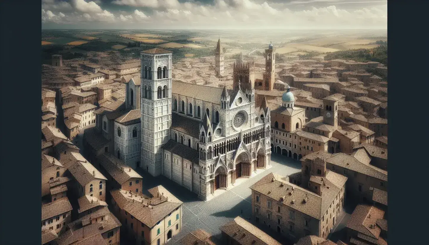 Veduta aerea di città medievale italiana con cattedrale in marmo bianco e grigio, torre campanaria e stradine tortuose tra case antiche e mura cittadine.