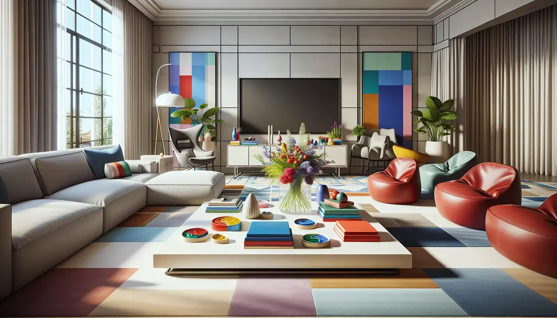 Modern living room with gray L-shaped sofa, yellow armchair, red poufs, white coffee table, colorful books, vase of flowers and turned off TV.