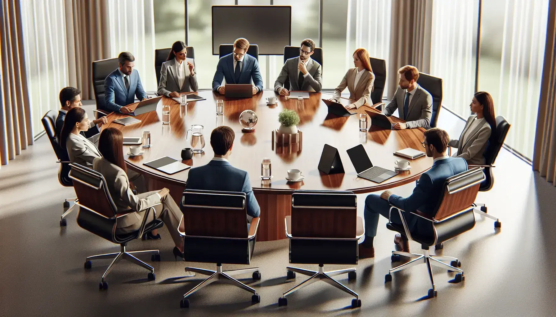 Diverse business professionals in a meeting around an oval mahogany table with laptops and mugs, in a well-lit room with a large window.