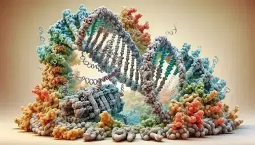 DNA double helix structure with RNA polymerase transcribing a new RNA strand, blue and white blurred background.