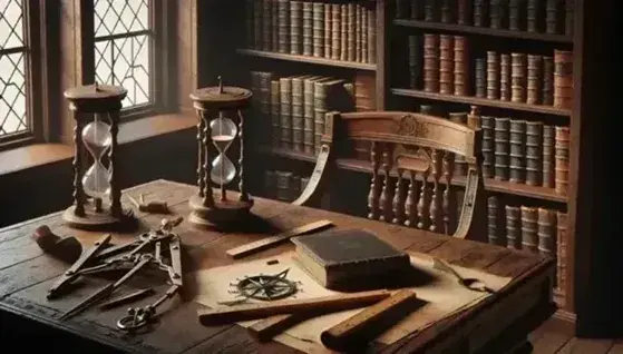 Mesa antigua de madera oscura con compás metálico, regla de madera y reloj de arena, junto a silla de cuero y estantería con libros encuadernados en cuero bajo luz natural.