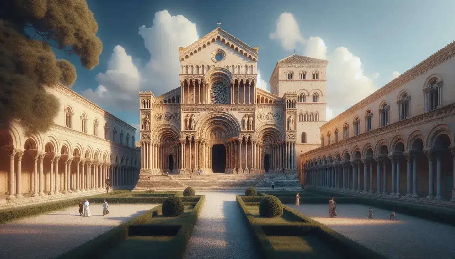 Cattedrale normanna in Sicilia con facciata in pietra calcarea, torri quadrate e chiostro adiacente, sotto cielo azzurro.