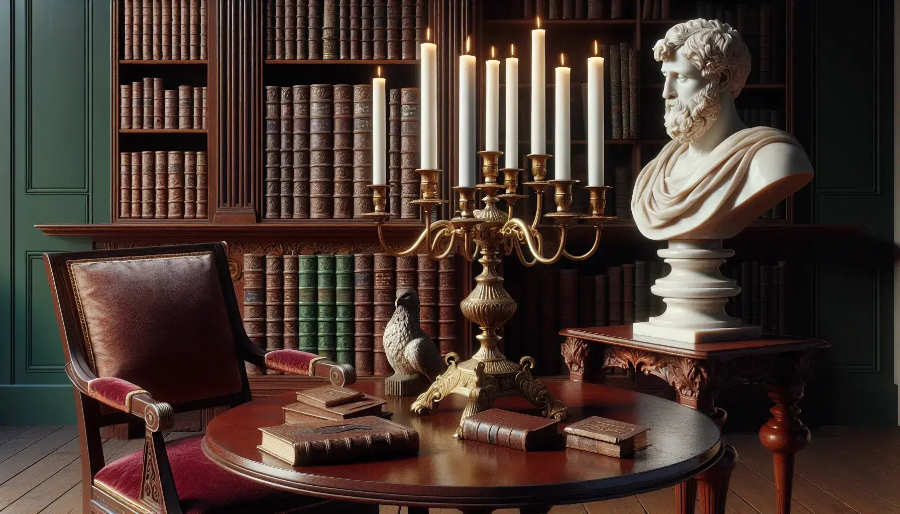 Escena de habitación del siglo XIX con mesa redonda de madera oscura y candelabro de bronce, silla con cojines de terciopelo rojo, estantería con libros antiguos y busto de mármol.