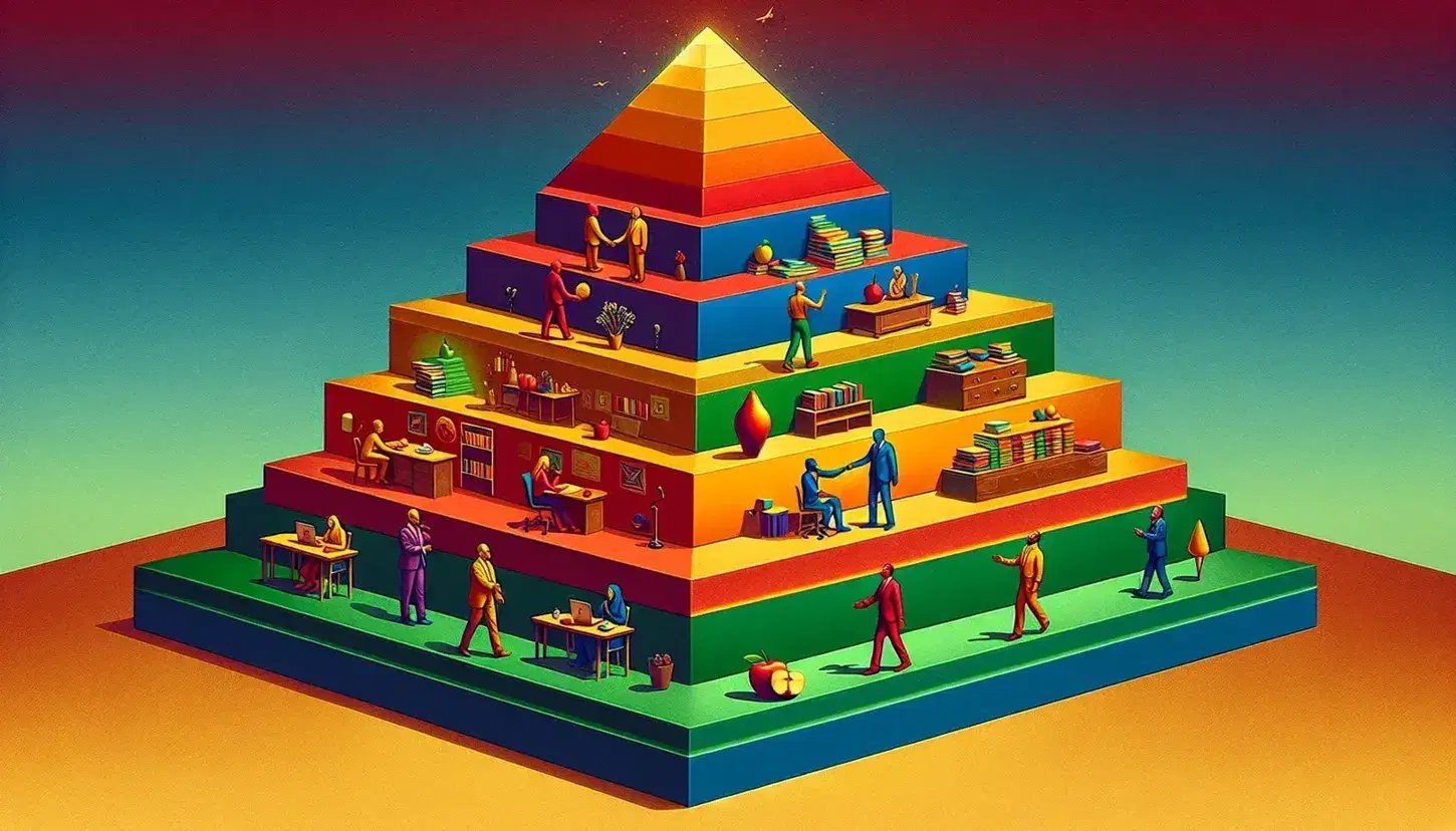 Five-layer pyramid with colors from red at the bottom to blue at the top and people performing related actions at each level.