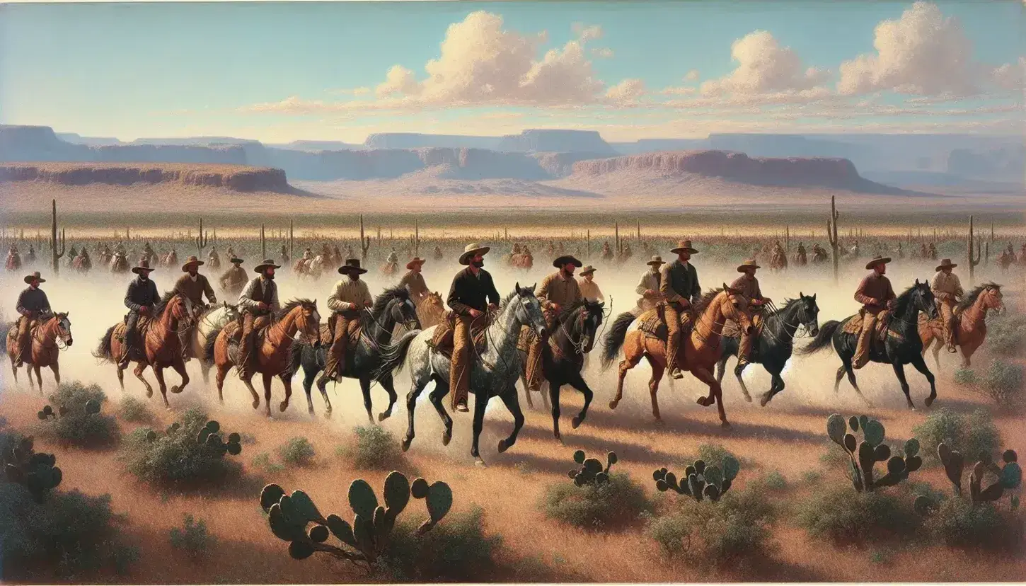 Grupo de jinetes a caballo avanzando por campo abierto con montañas al fondo, vestimenta de principios del siglo XX y cielo azul.