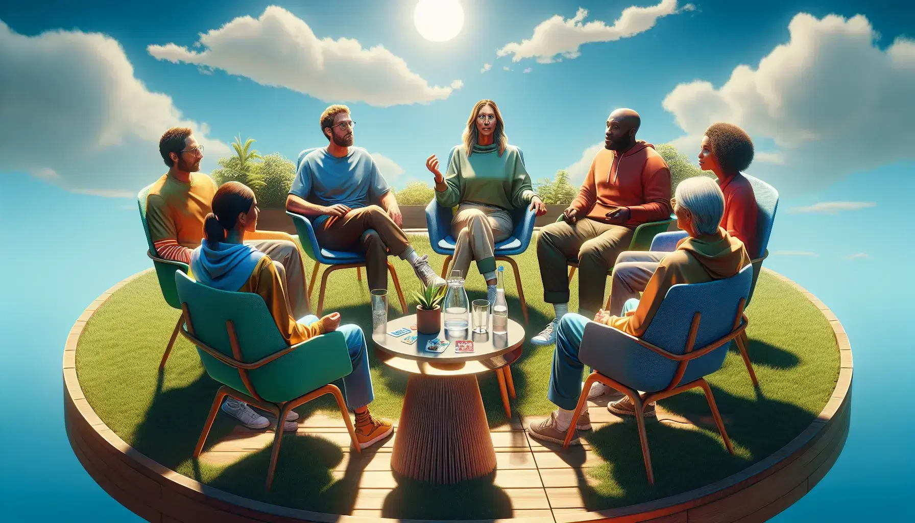 Gruppo di cinque persone sedute in cerchio su sedie colorate all'aperto, conversano attivamente sotto un cielo azzurro.