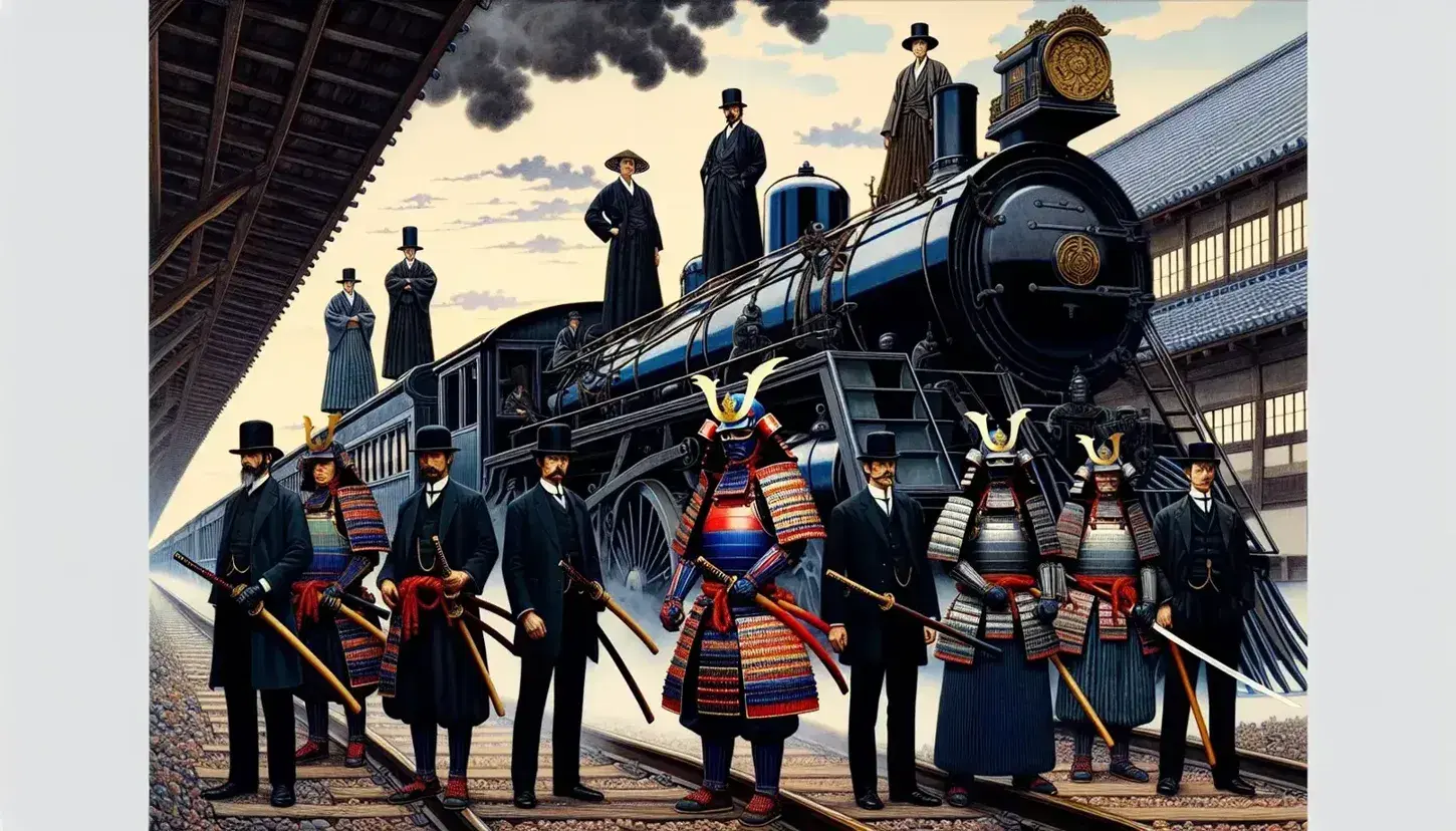 Samurai in traditional armor with katanas and bows stand before men in Western suits by a steam locomotive, with a backdrop of Japanese buildings and a Western factory.