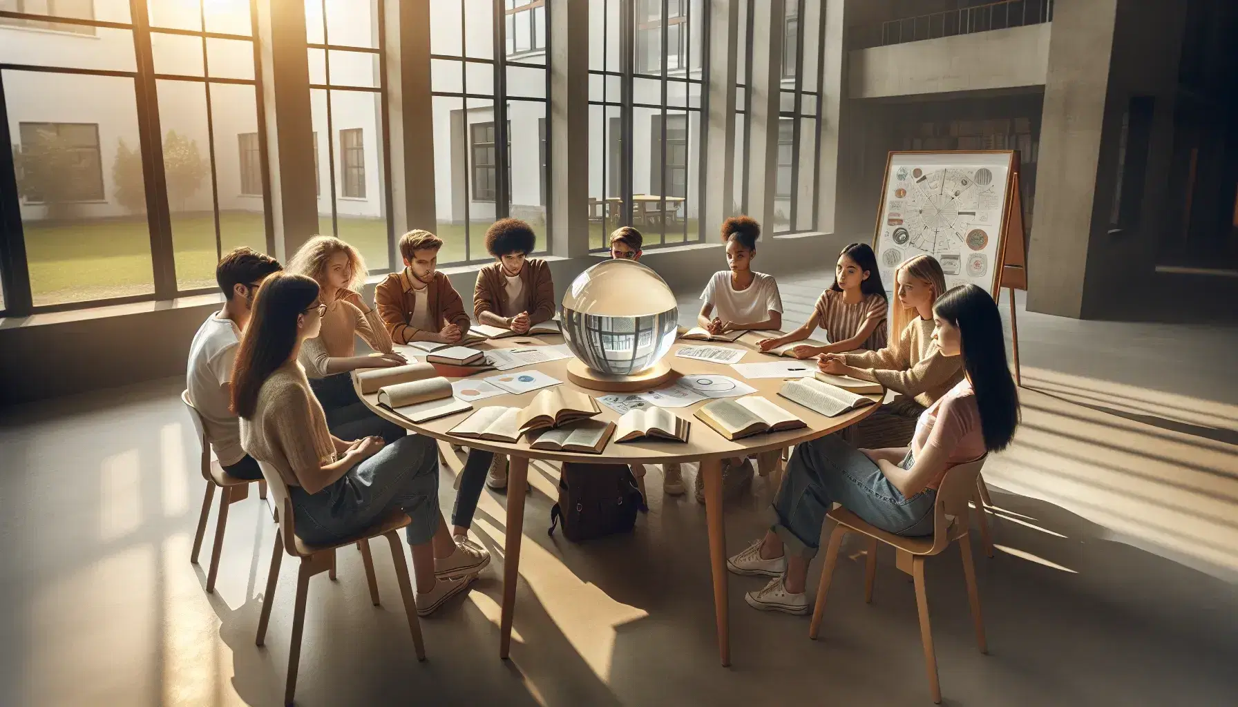 Grupo diverso de estudiantes discutiendo proyectos en una mesa redonda con libros y papeles, en una sala iluminada naturalmente con una esfera de cristal al centro.
