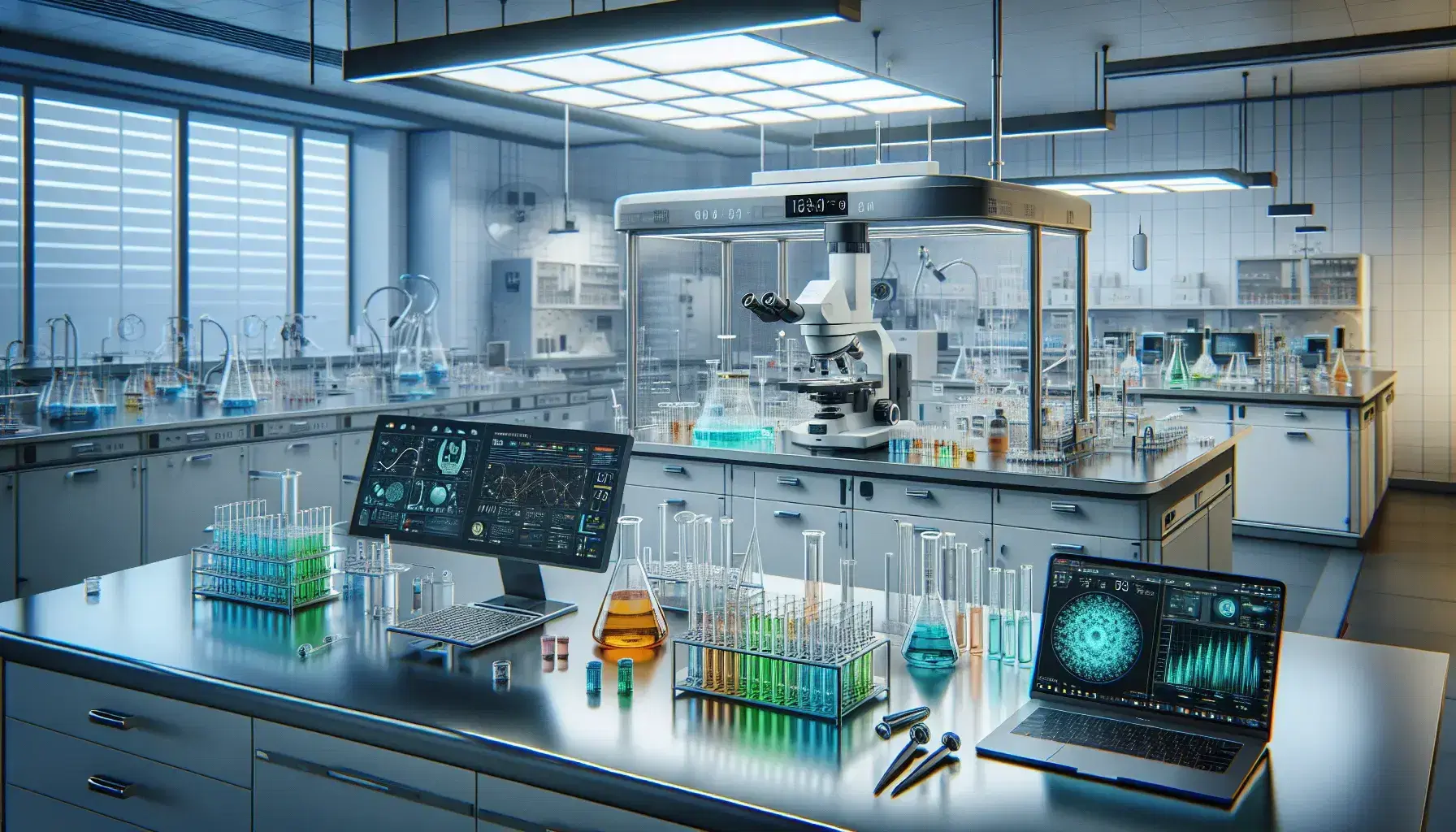 Laboratorio scientifico moderno con tavolo da lavoro, provette, becher con liquidi colorati, cappa e microscopio elettronico.