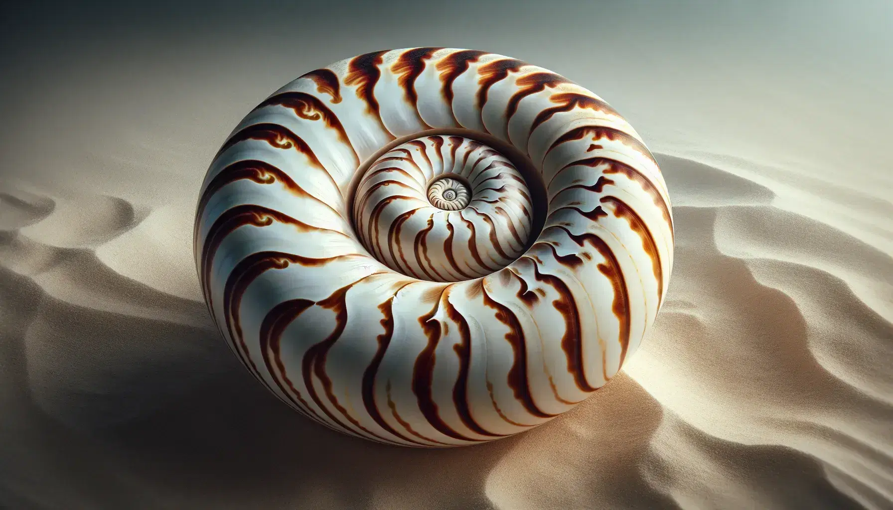Close-up view of a nautilus shell with a logarithmic spiral pattern in creamy white and sandy brown on a blurred sandy background.