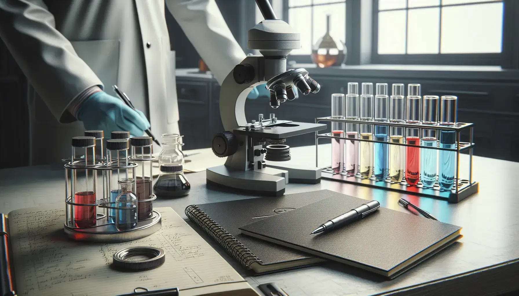Laboratorio de biología con microscopio compuesto y tubos de ensayo con líquidos de colores, frascos de vidrio y científico anotando resultados.