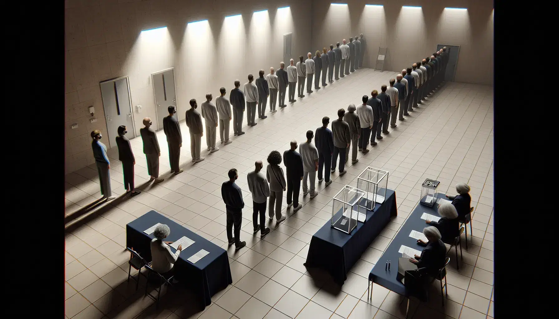 Personas formando una fila ordenada en un local con suelo de baldosas claras y paredes neutras, esperando para votar en urnas transparentes sobre una mesa con mantel azul oscuro.