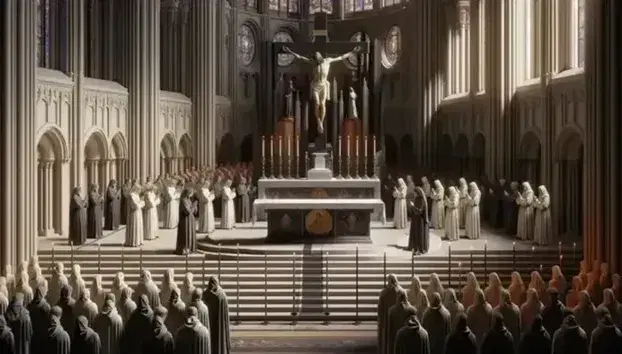 Interior de catedral con altar y crucifijo, estatua de mujer en oración, fieles en ceremonia y vitrales coloridos.