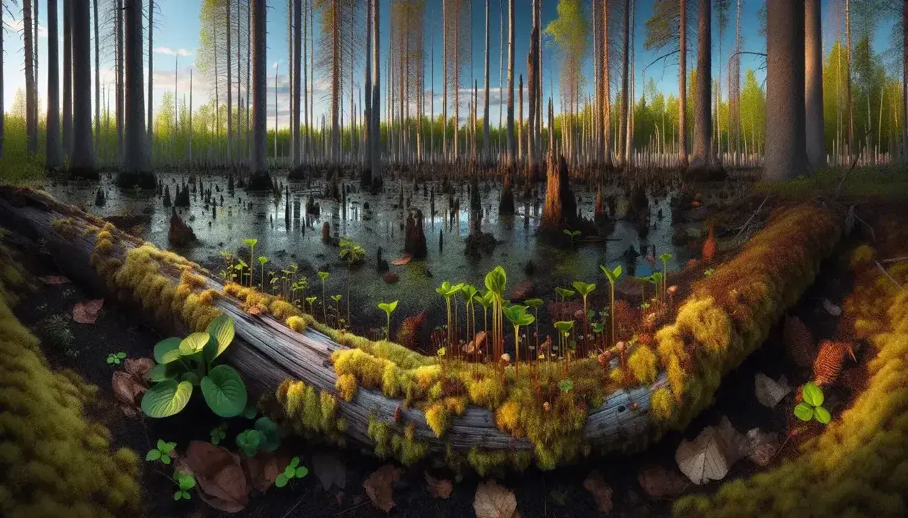 Bosque diverso con suelo marrón, hojas caídas, tronco musgoso, árboles de troncos rectos y copas verdes, reflejo en agua tranquila y aves volando.