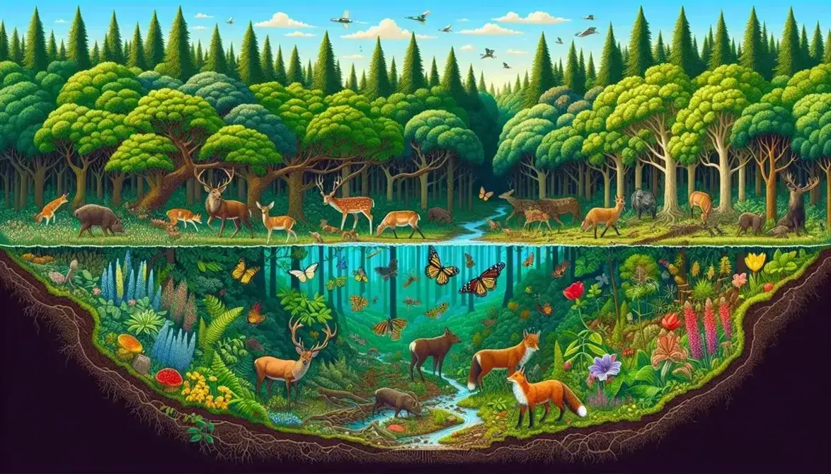Ecosistema forestal diverso con cielo azul, dosel de árboles verdes, animales como ciervo y zorro, insectos entre flores coloridas y arroyo serpenteante.