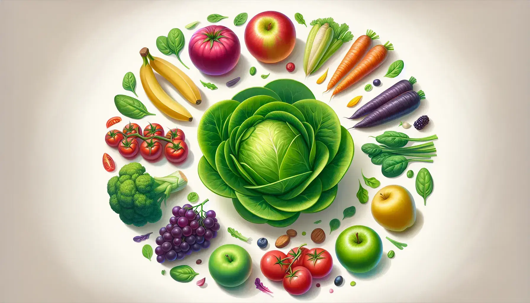 Balanced selection of healthy foods on white background: lettuce, tomato, grapes, carrots, banana, green apple, spinach and nut mix.