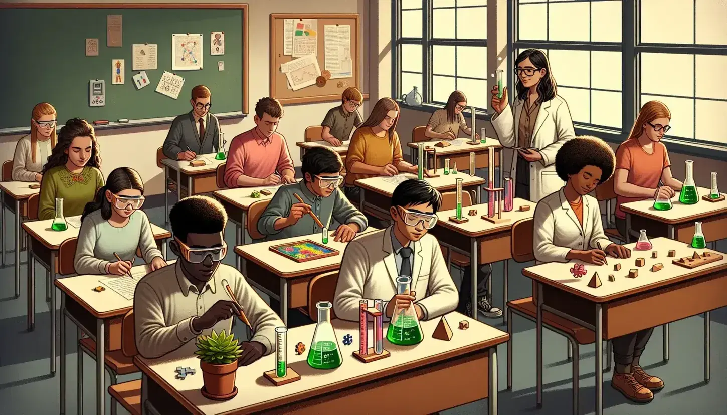 School classroom with busy students: black boy solves a colorful puzzle, white girl examines flask with green liquid, South Asian student measures plant, ecstatic boy with geometric shapes.