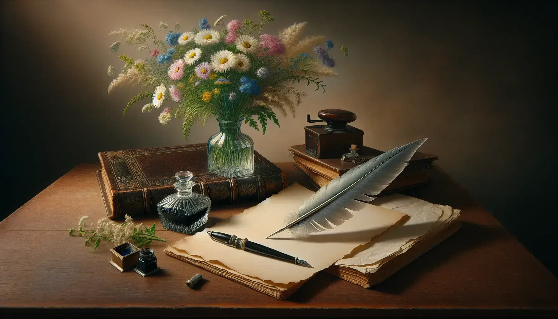 Scrivania in legno scuro con calamaio antico, penna d'oca, libro in pelle, foglio avorio e mazzo di fiori selvatici sotto luce naturale.