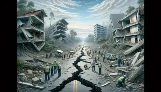 Paisaje post-terremoto con carretera agrietada, edificios dañados, escombros y grupo de personas con cascos y chalecos reflectantes evaluando daños.