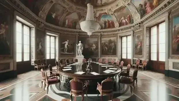 Sala storica neoclassica con tavolo ovale in legno, sedie in velluto rosso, affreschi allegorici, lampadario di cristallo e statua marmorea.