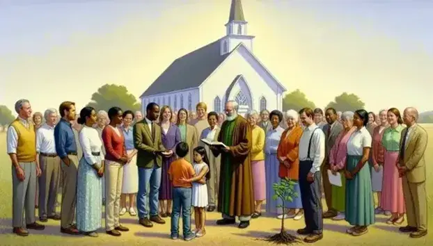 Diverse group united in semicircle with South Asian woman in the center holding a holy book, Protestant church in the background, Middle Eastern man giving seedling to young Hispanic woman.