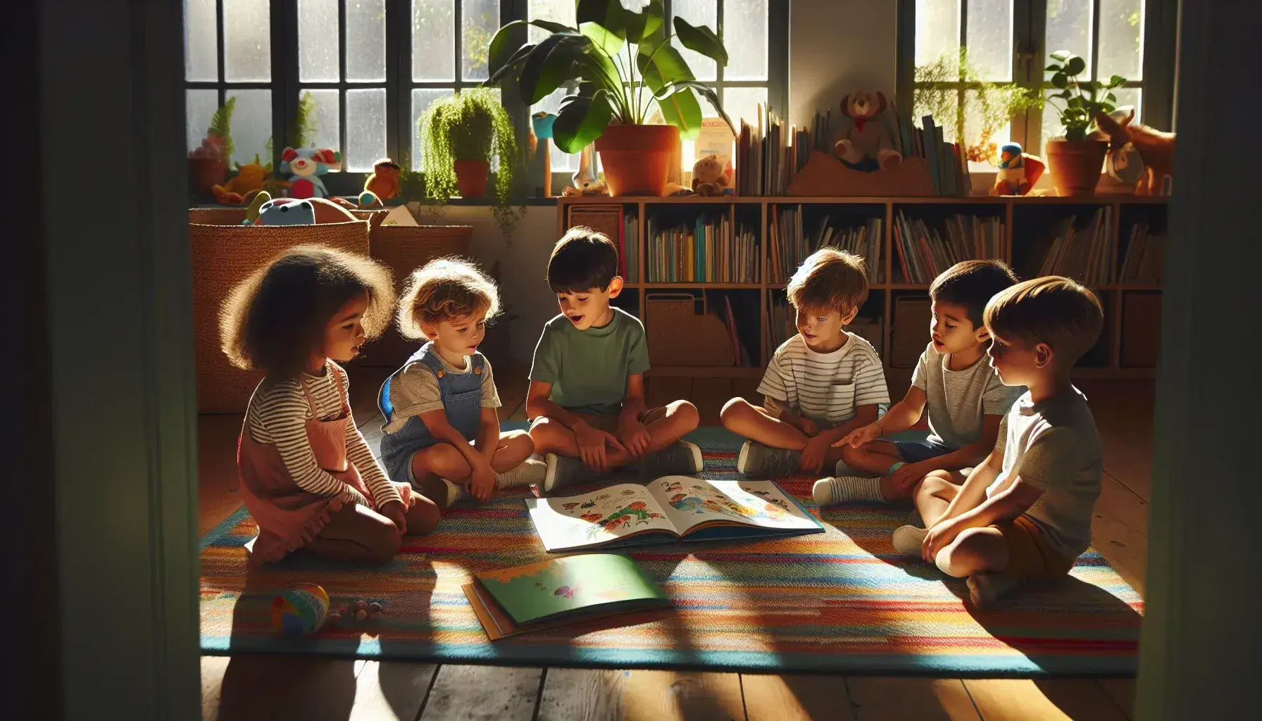 Niños de diversas etnias sentados en semicírculo en una alfombra, atentos a un libro ilustrado, con una estantería y planta al fondo.