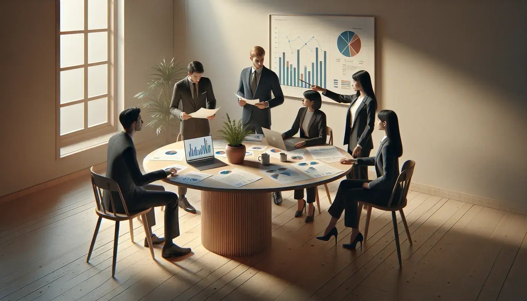 Grupo de cuatro profesionales en reunión de trabajo alrededor de una mesa redonda con laptop, papeles con gráficos y planta, en una oficina iluminada.