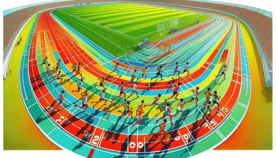 Pista di atletica con curve rosse e campo interno verde, atleti in corsa con divise colorate sotto un cielo sereno.