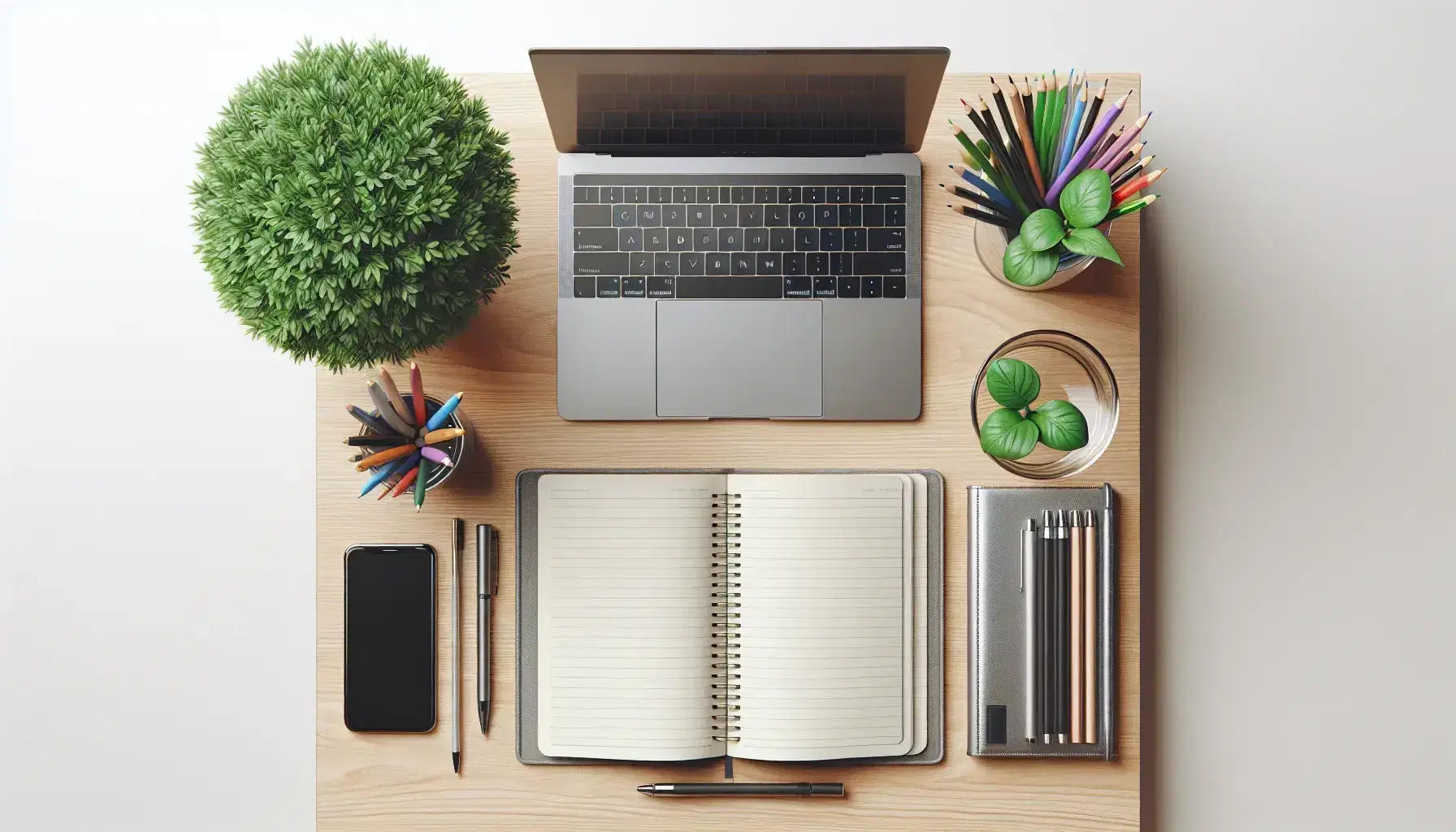Top-down view of an organized office desk with a blank open notebook, silver laptop, colorful pens in a glass, green potted plant, smartphone, and black wireless headphones.