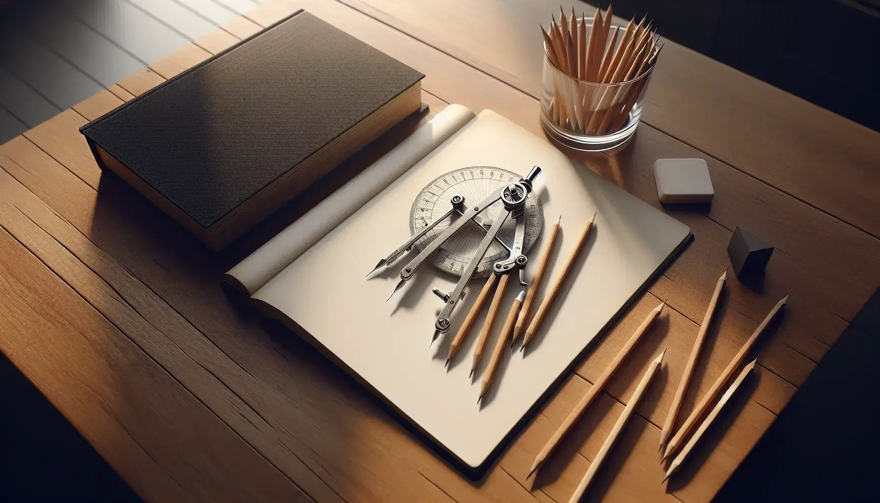 Organized wooden desk with an open hardcover book, silver compass on white paper, glass of assorted wooden pencils, and a round white eraser.