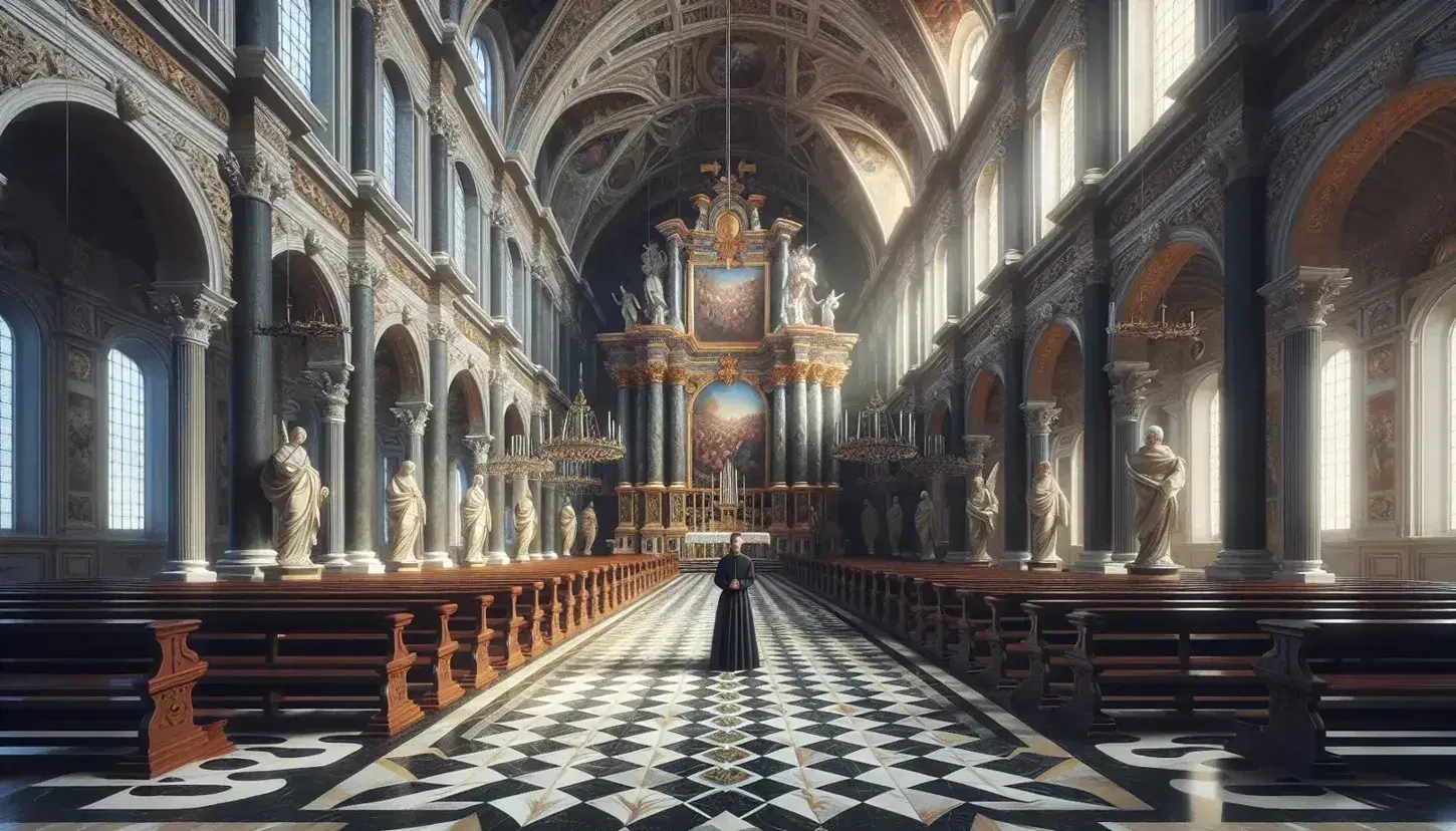 Interno barocco di chiesa con archi a sesto acuto, colonne, pavimento a scacchi, altare dorato con angeli e dipinto sacro, banchi in legno e figura ecclesiastica in preghiera.