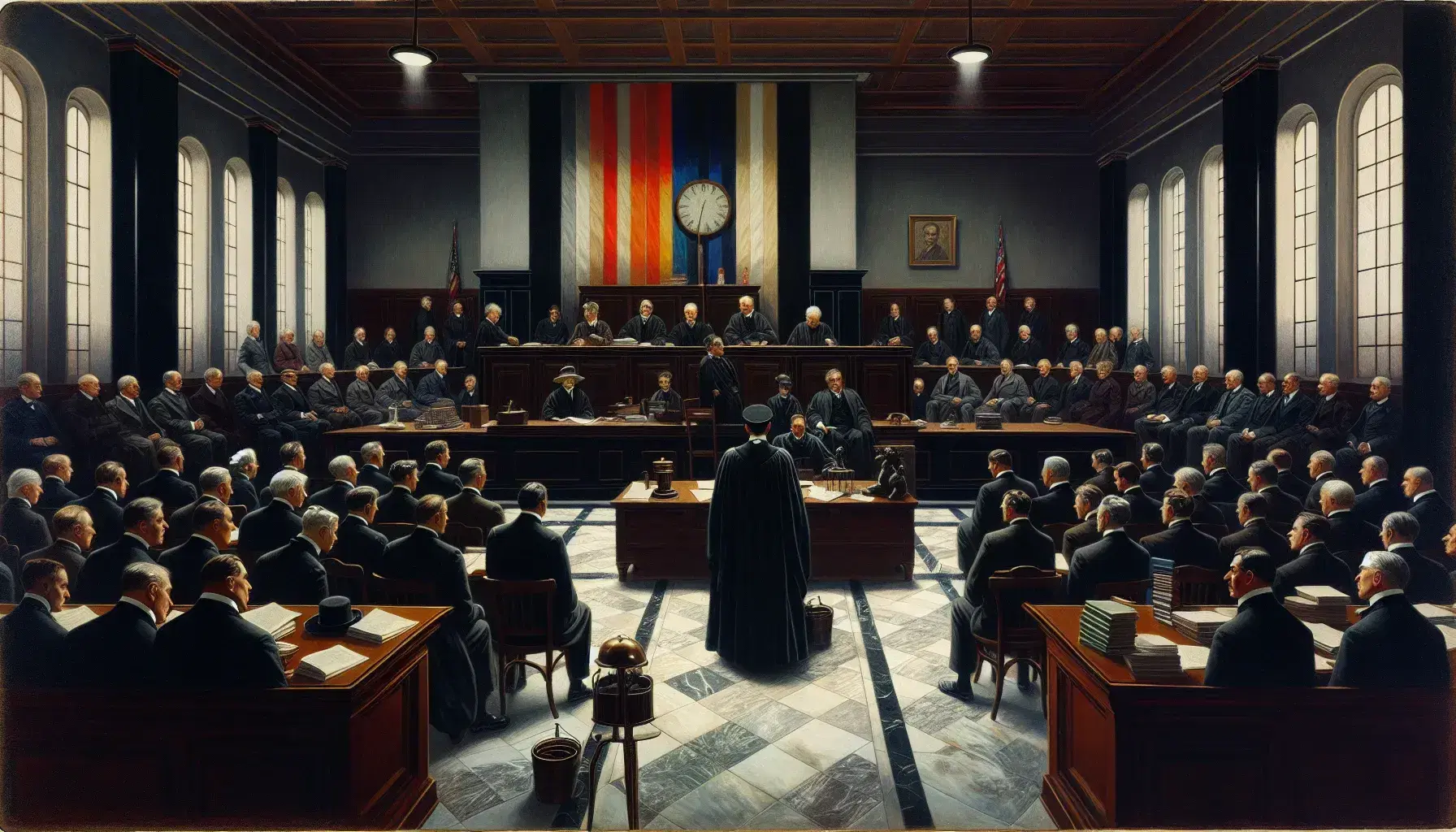 Escena de sala de juicio con juez en toga, jurado atento, abogados en mesas opuestas, balanza de justicia y martillo en primer plano, y bandera sin símbolos al fondo.