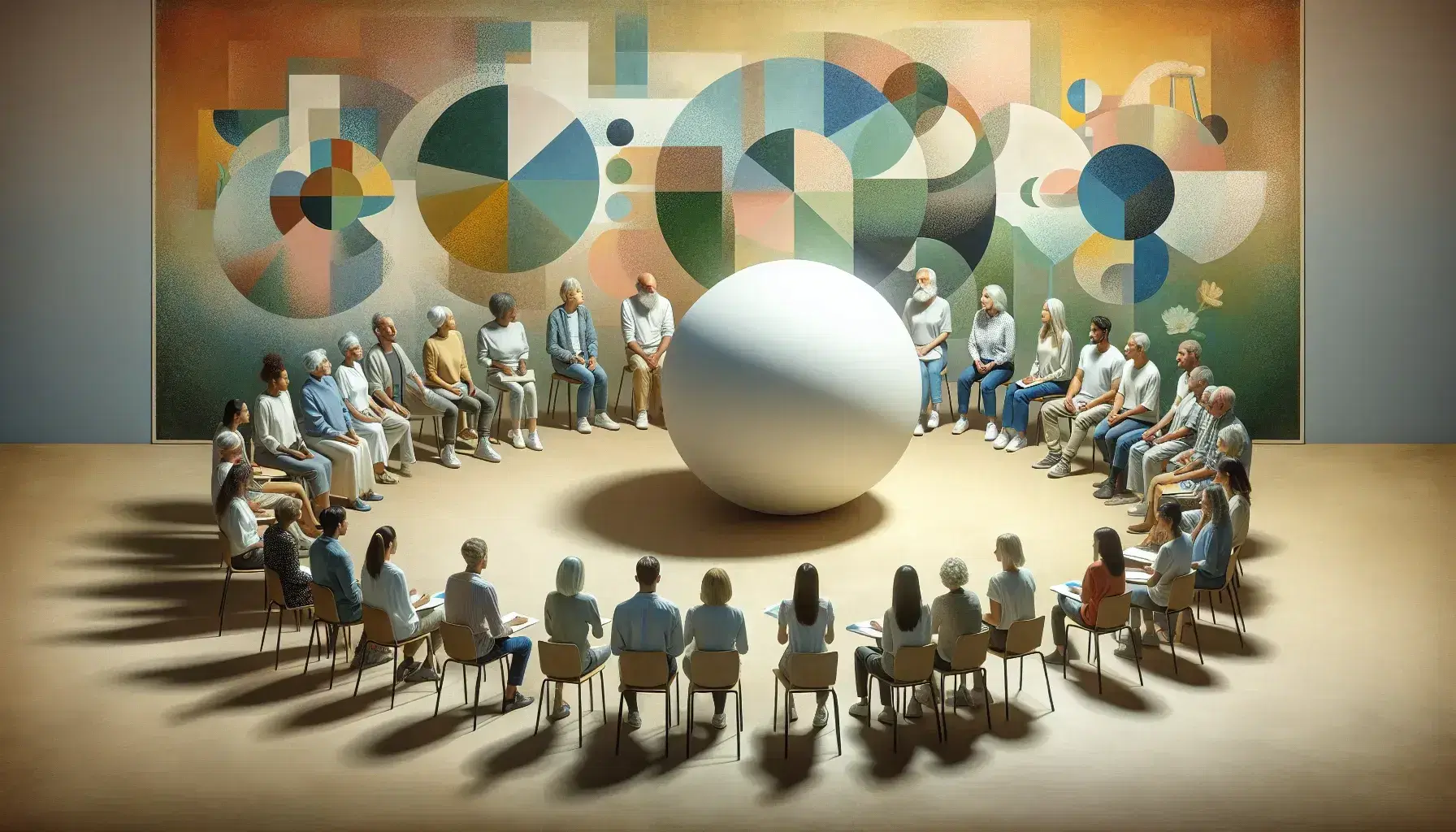 Grupo diverso de personas en semicírculo alrededor de una esfera blanca con fondo mural abstracto, reflejando colaboración y enfoque compartido en un ambiente iluminado naturalmente.