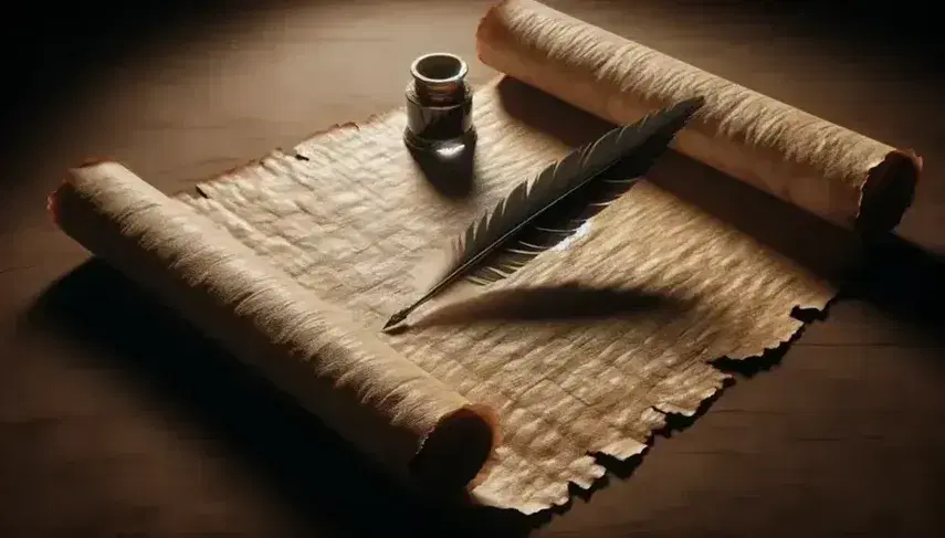 Close-up of an ancient parchment scroll with inkwell pen and ink on dark wooden table, evoking a historical atmosphere.