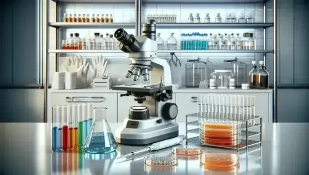 Laboratorio de biotecnología moderno con microscopio electrónico, tubos de ensayo con líquidos de colores, pipeta, plato de Petri con bacterias y equipo de seguridad en primer plano.