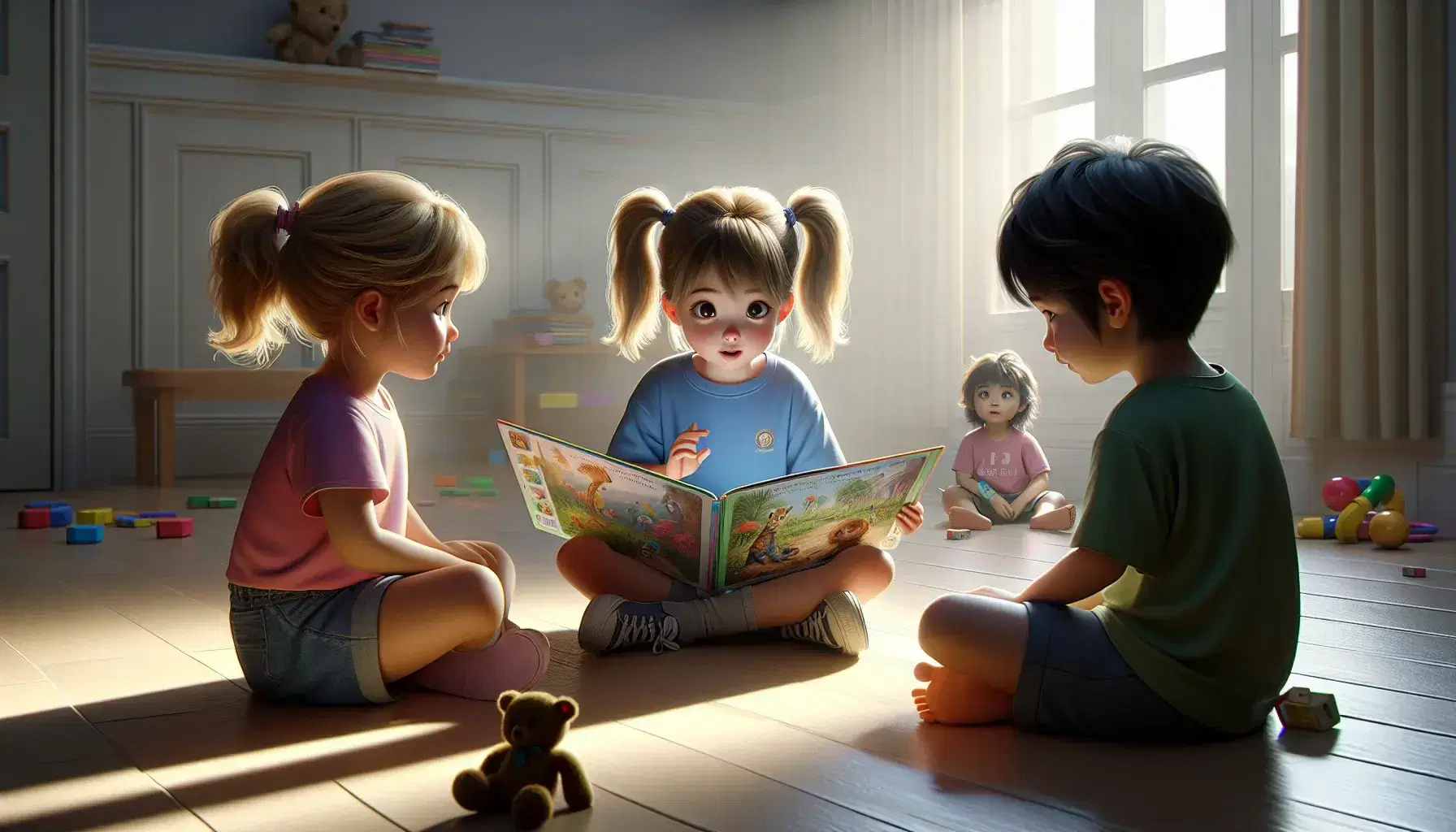 Niños sentados en el suelo mirando un libro ilustrado, con juguetes dispersos alrededor y luz natural entrando por la ventana.