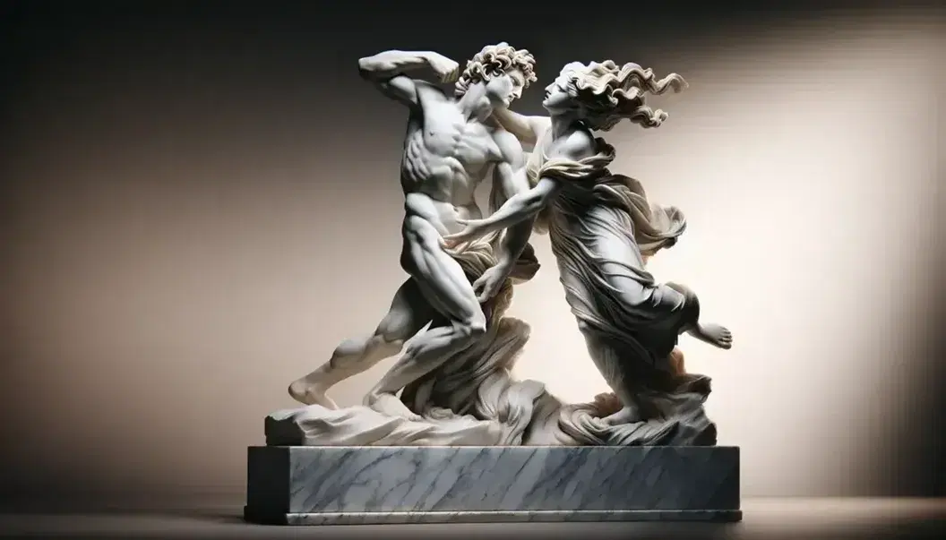 Scultura in marmo bianco di coppia in abbraccio dinamico, uomo in piedi afferra donna sorpresa su piedistallo grigio, dettagli muscolari e capelli ondulati.