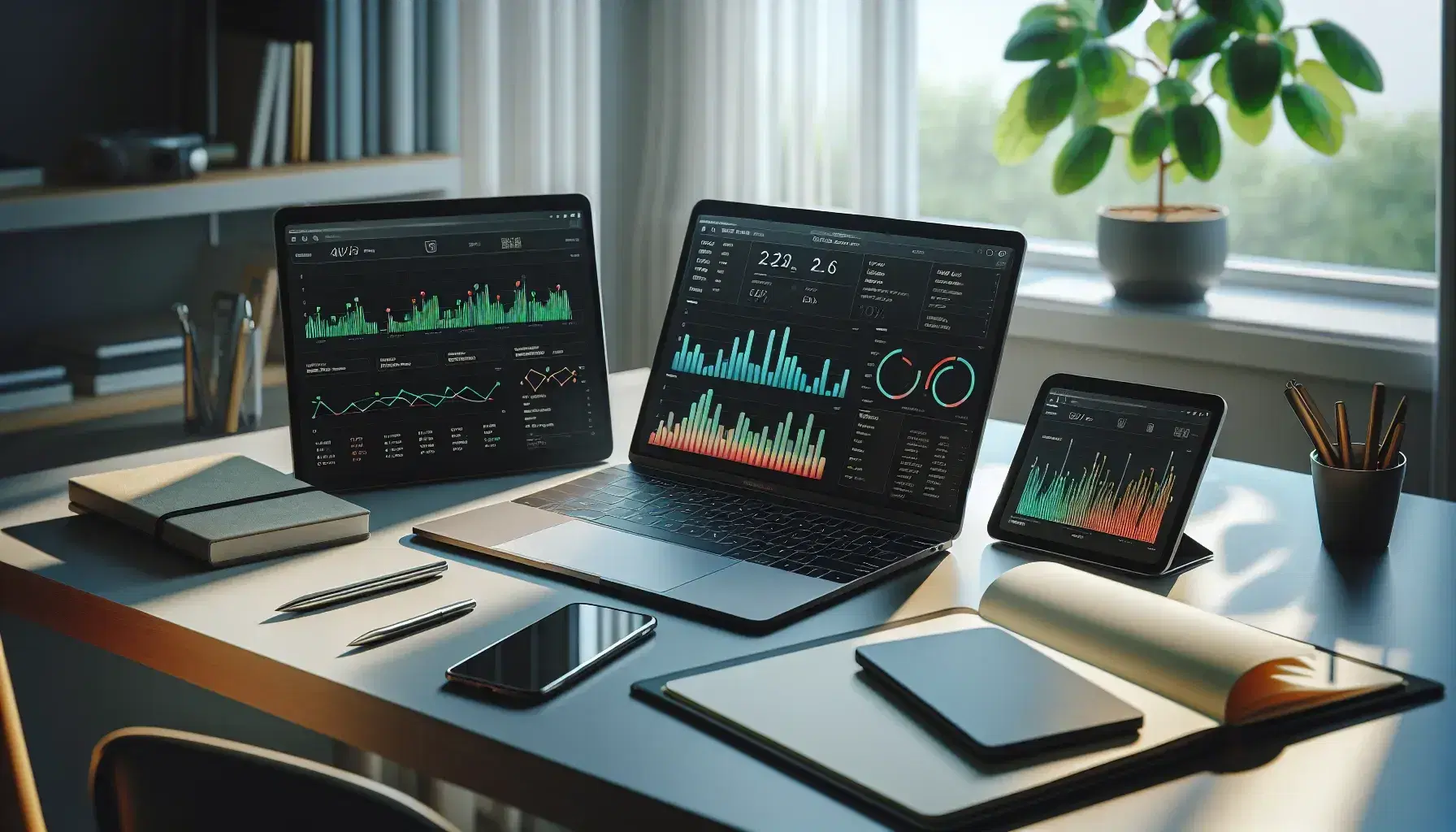 Espacio de trabajo moderno y organizado con portátil mostrando gráficos, smartphone, tablet con stylus, libreta y planta, en oficina iluminada naturalmente.