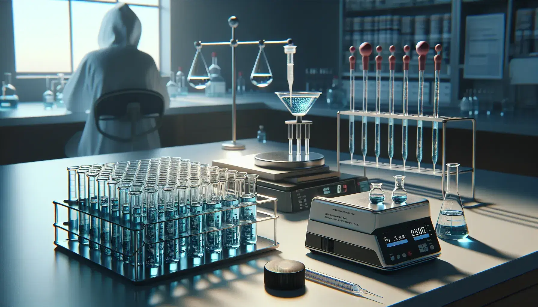 Science laboratory with test tubes containing blue liquid in a row, turned off digital scale, pipette with red flask and closed green book, researcher analyzes petri dish.