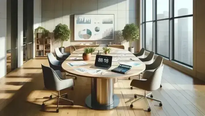 Oficina moderna y luminosa con mesa de reuniones ovalada, sillas ergonómicas grises, calculadora, gráficos impresos, laptop y planta en esquina.