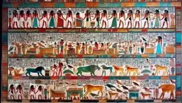 Ancient Egyptian wall painting with men, women in traditional clothing, lion, hippopotamus, birds and flora, red and blue geometric frame.