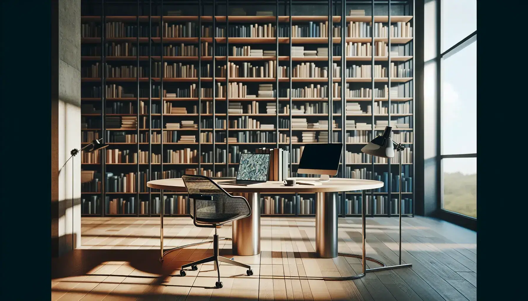 Biblioteca moderna y luminosa con estantes altos llenos de libros, mesa de madera con laptop abierta, gafas y cuaderno, silla ergonómica y ventana grande.