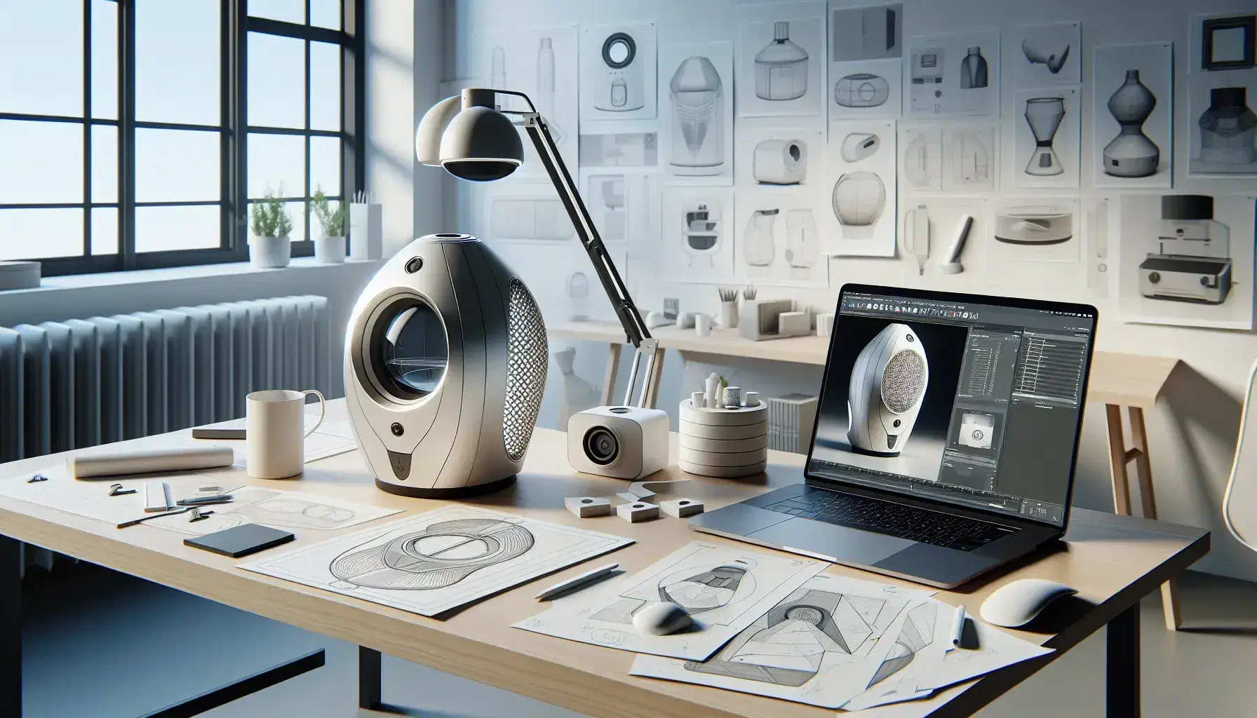 Mesa de trabajo de diseño con prototipo de electrodoméstico, bocetos, herramientas, casco de realidad virtual y laptop con software 3D en oficina moderna.