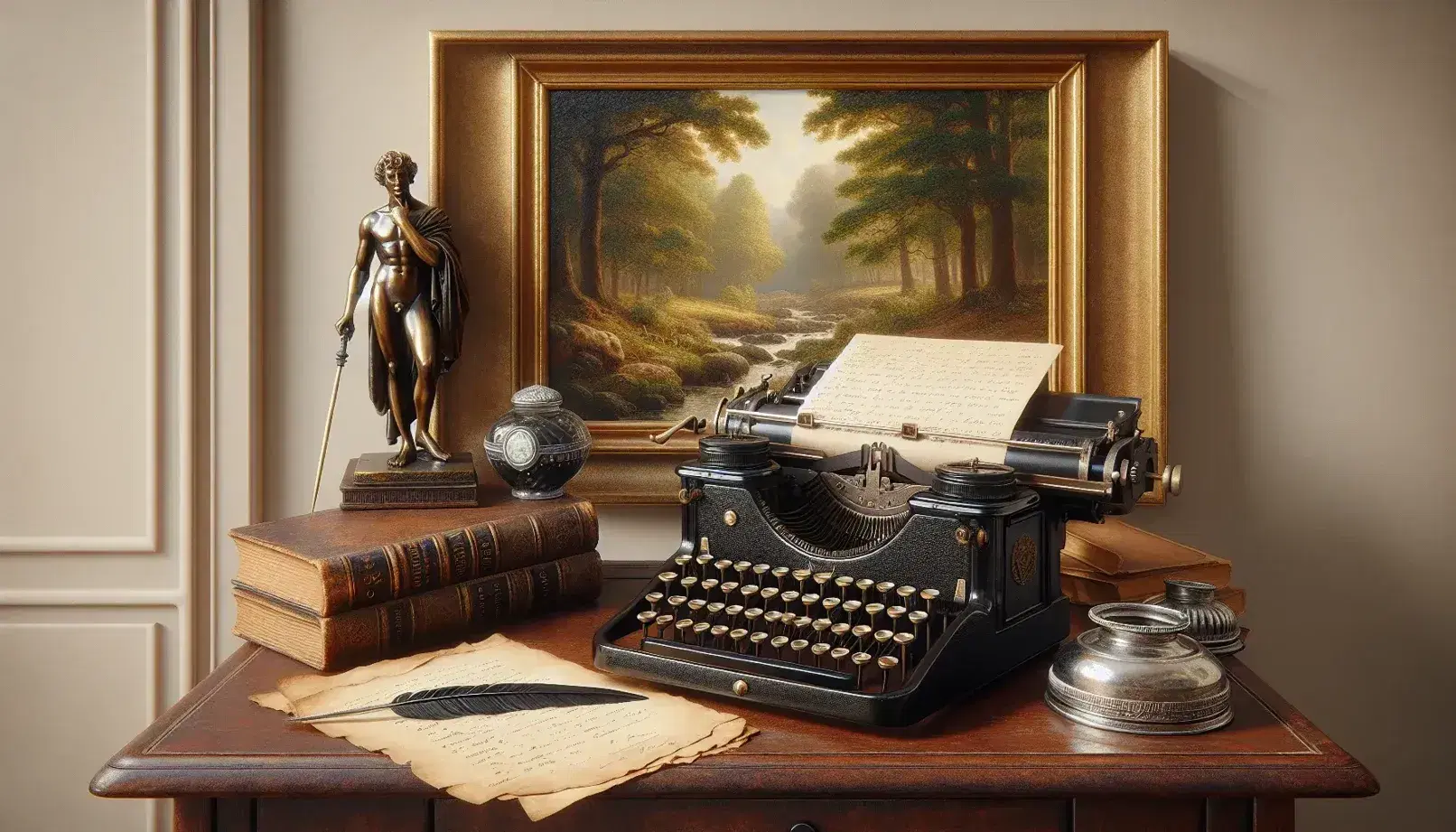 Scrivania vintage in legno scuro con macchina da scrivere antica, calamaio con penna d'oca, libro in pelle e statua pensosa, dipinto paesaggio sullo sfondo.
